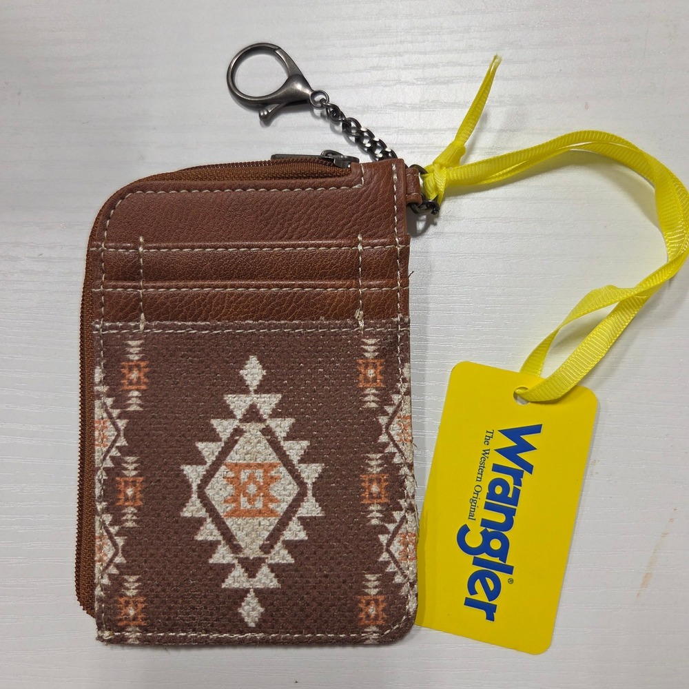 Wrangler Western Aztec Card Holder Keychain Wallet Brown Faux Leather NWT